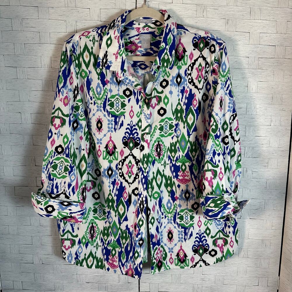 Chico’s Womens shirt jacket Colorful lightweight 3/4 sleeves Eclectic grandma
